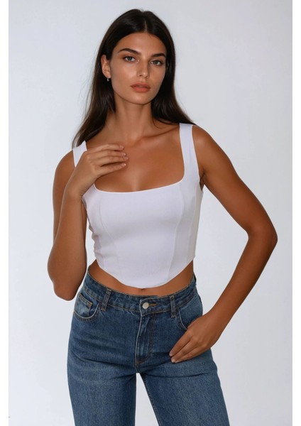 Kadın Kare Yaka Dikiş Detaylı Crop Örme Üst Beyaz