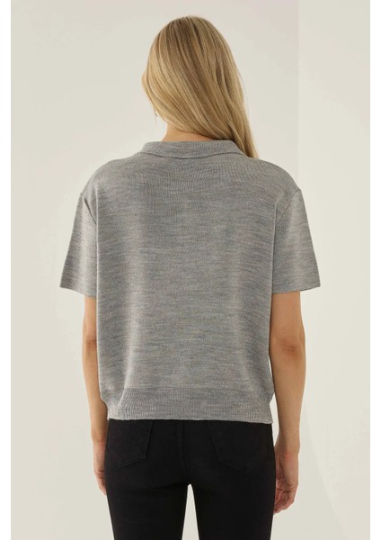 Kadın Polo Yaka Fermuarlı Süveter Grey