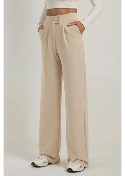 Kadın Yüksek Bel Likralı Cırt Kapamalı Krep Palazzo Pantolon Bej Doğal