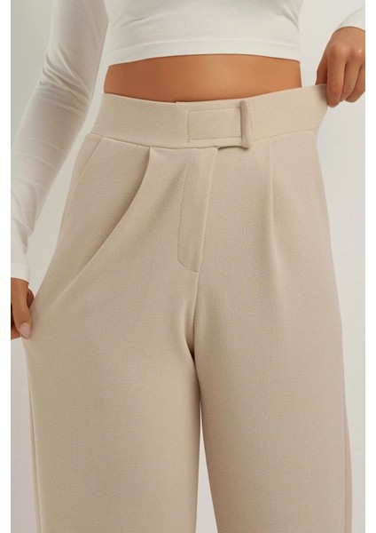 Kadın Yüksek Bel Likralı Cırt Kapamalı Krep Palazzo Pantolon Bej Doğal