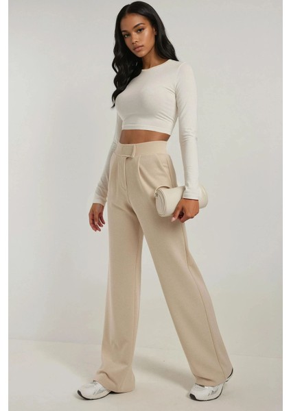 Kadın Yüksek Bel Likralı Cırt Kapamalı Krep Palazzo Pantolon Bej Doğal