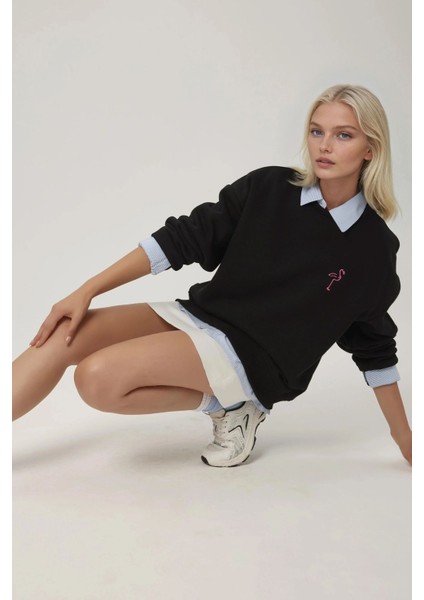 Kadın Rahat Hayvan Nakışlı Şardonlu Bisiklet Yaka Hoodie Black