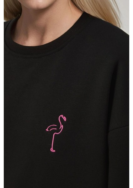 Kadın Rahat Hayvan Nakışlı Şardonlu Bisiklet Yaka Hoodie Black