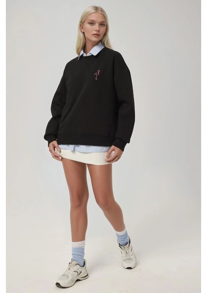 Kadın Rahat Hayvan Nakışlı Şardonlu Bisiklet Yaka Hoodie Black