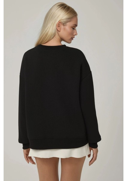 Kadın Rahat Hayvan Nakışlı Şardonlu Bisiklet Yaka Hoodie Black