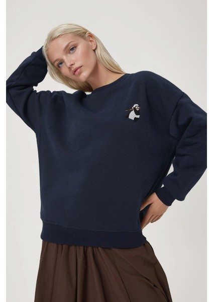 Kadın Rahat Hayvan Nakışlı Şardonlu Bisiklet Yaka Hoodie Gece Mavisi