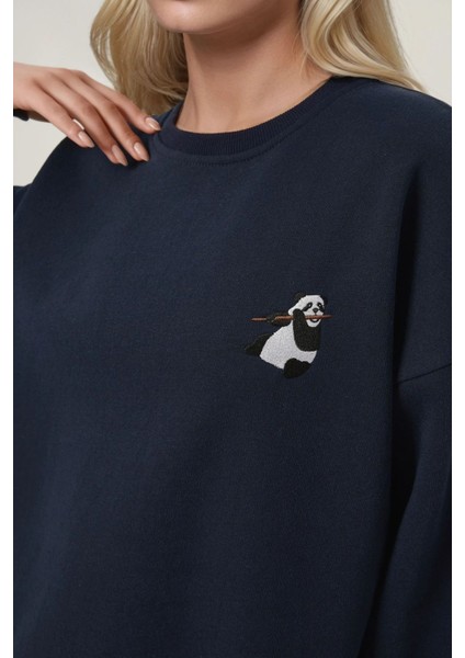 Kadın Rahat Hayvan Nakışlı Şardonlu Bisiklet Yaka Hoodie Gece Mavisi