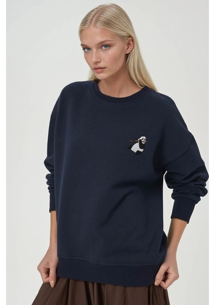 Kadın Rahat Hayvan Nakışlı Şardonlu Bisiklet Yaka Hoodie Gece Mavisi