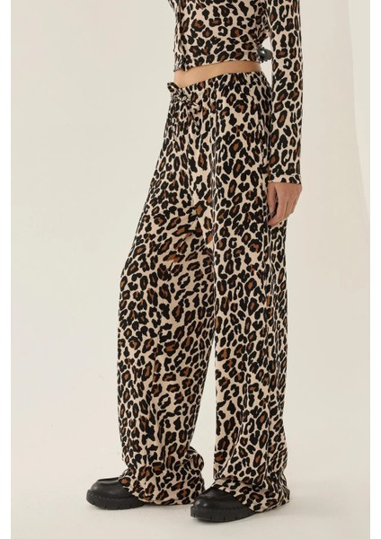 Kadın Leopar Desenli Düz Paça Pantolon Multicolor