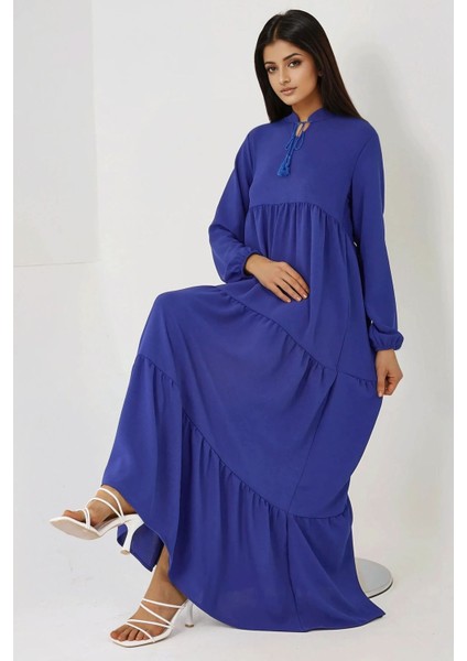 Kadın Dokulu Bağlama Detaylı Bisiklet Yaka Modest Elbise Blue