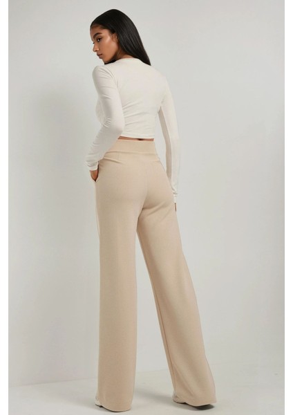 Kadın Yüksek Bel Likralı Cırt Kapamalı Krep Palazzo Pantolon Bej Doğal