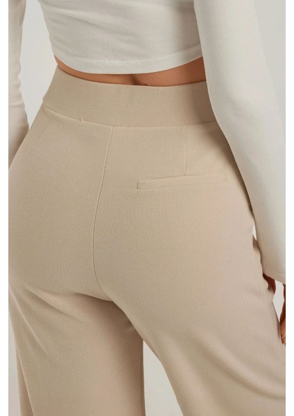 Kadın Yüksek Bel Likralı Cırt Kapamalı Krep Palazzo Pantolon Bej Doğal