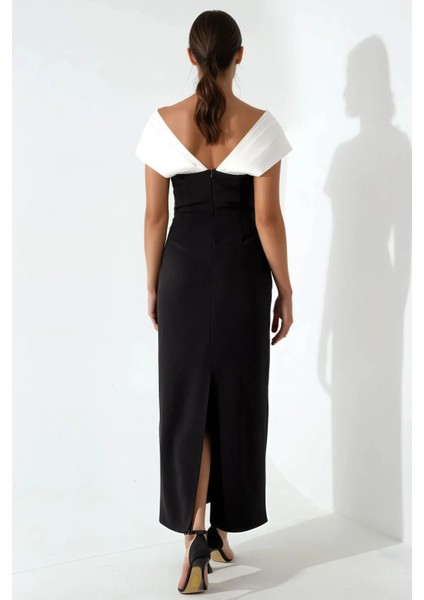 Kadın Kalp Yaka Renk Bloklu Maxi Elbise Siyah