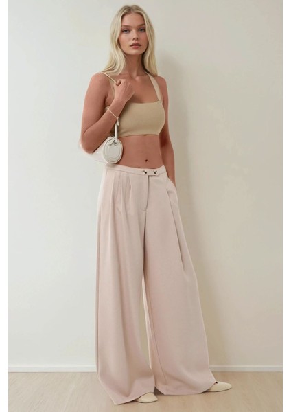 Kadın Yüksek Bel Geniş Paça Pileli Rahat Pantolon Natural