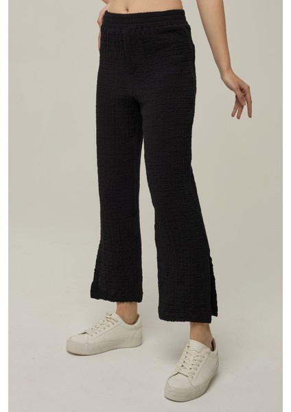 Kadın Premium Yüksek Bel Dokulu Düz Pantolon Black