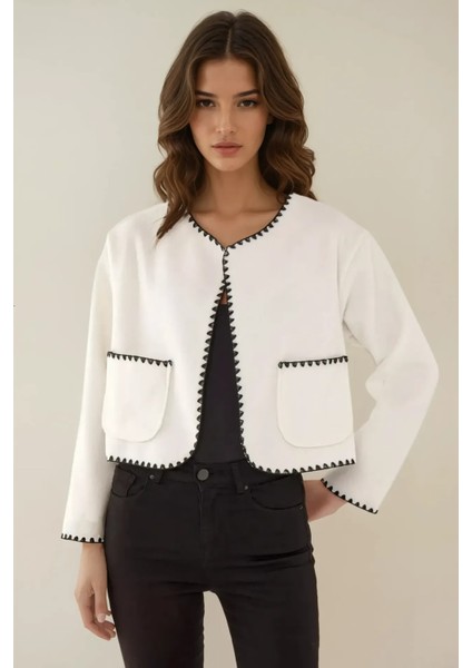Kadın Çoban Dikiş Detaylı Yakasız Ceket Tozlu Beyaz