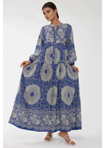 Kadın Baskılı Uzun Kol Viskon Modest Elbise Blue
