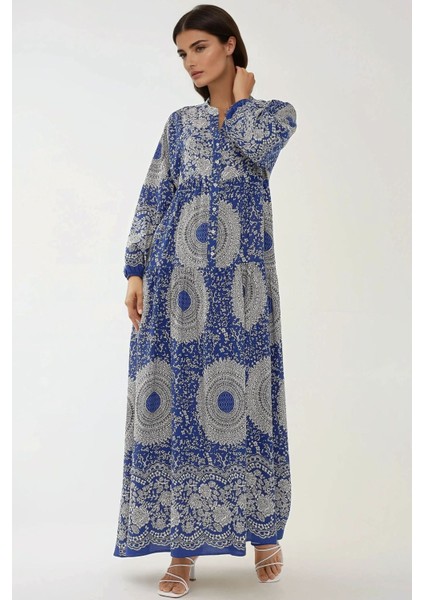 Kadın Baskılı Uzun Kol Viskon Modest Elbise Blue