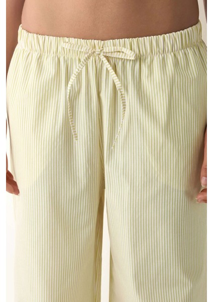 Kadın Beli Lastikli Çizgili Pamuklu Pijama Altı Sarı