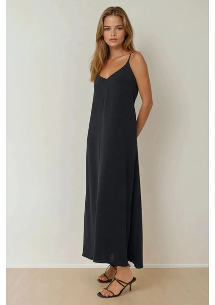 Kadın V -Yaka A-Form Maxi Elbise Black