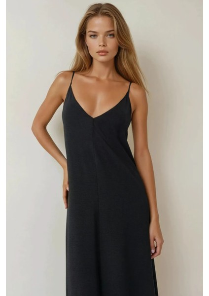 Kadın V -Yaka A-Form Maxi Elbise Black