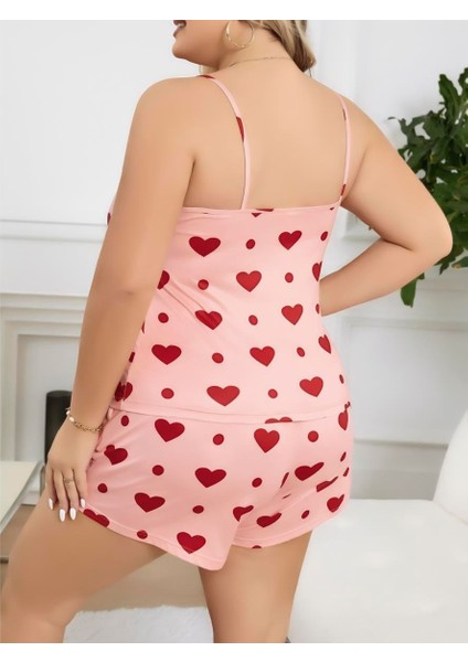 Büyük Beden Pembe Kalp Desen Pamuklu Şortlu Pijama Takımı modelleri