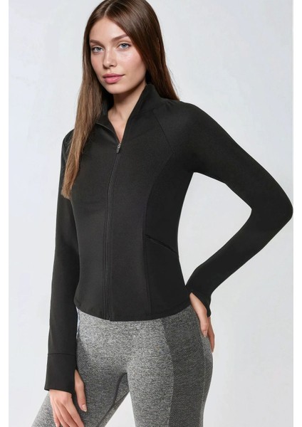 Kadın Dar Kesim Örme Dik Yaka Fermuarlı Aktif Üst Siyah