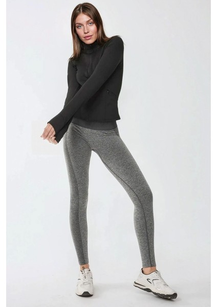 Kadın Dar Kesim Örme Dik Yaka Fermuarlı Aktif Üst Siyah