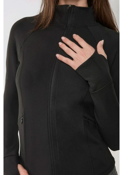 Kadın Dar Kesim Örme Dik Yaka Fermuarlı Aktif Üst Siyah