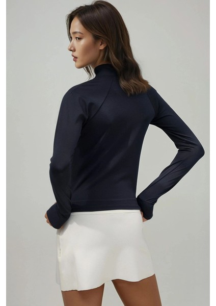 Kadın Dar Kesim Örme Dik Yaka Fermuarlı Aktif Üst Blue