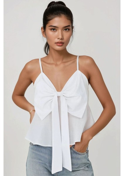 Kadın Fiyonk Detaylı V Yaka Bluz White