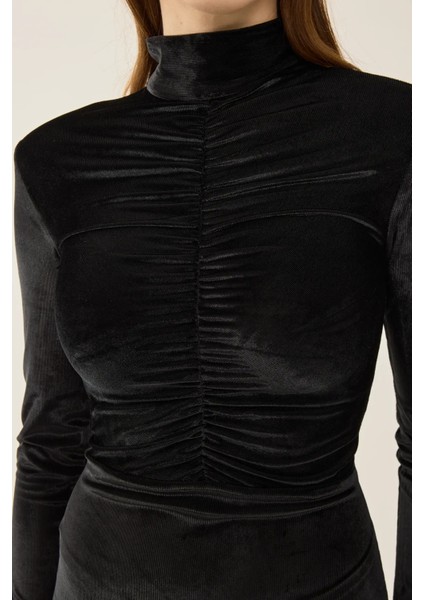 Kadın Vatkalı Kadife Mini Elbise Black