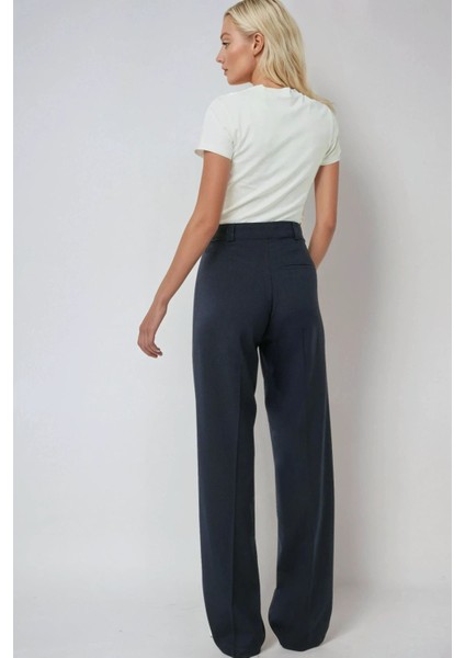 Kadın Yüksek Bel Straight Kumaş Pantolon Lacivert