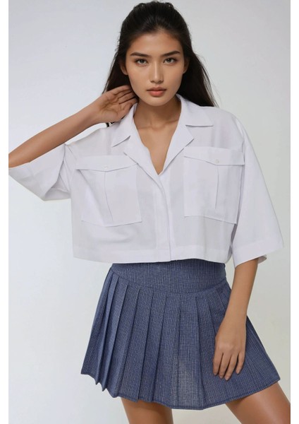 Kadın Zarf Cepli Kısa Gömlek White