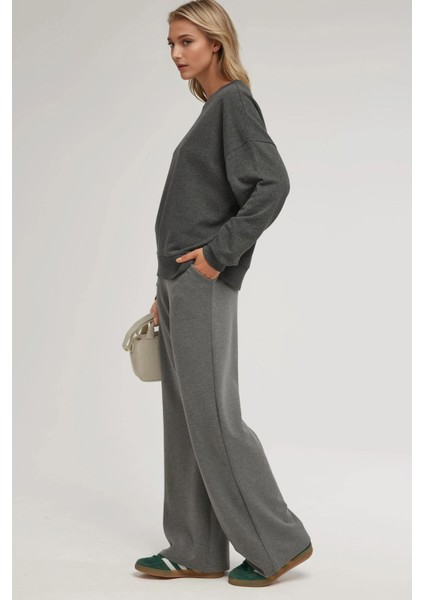 Kadın Oversize Bisiklet Yaka Basic Sweatshirt Grey