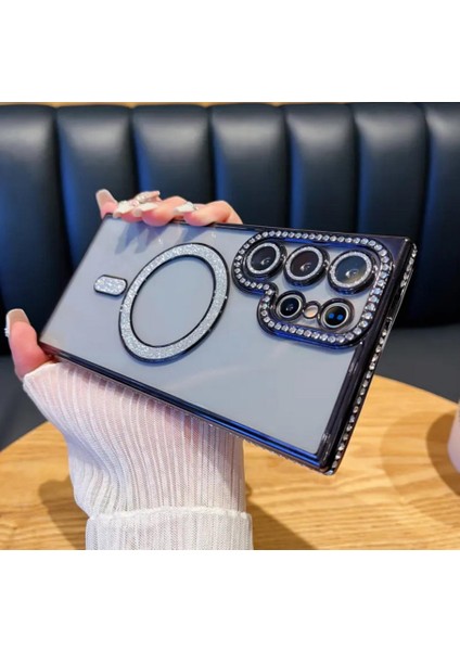 Samsung Galaxy S24 Ultra Kılıf Elmas Taşlı Tuşlu Şeffaf Kamera Lens Üstü Korumalı Magsafe Manyetik