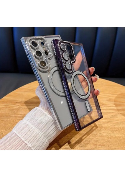 Samsung Galaxy S24 Ultra Kılıf Elmas Taşlı Tuşlu Şeffaf Kamera Lens Üstü Korumalı Magsafe Manyetik modelleri