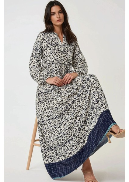 Kadın Gömlek Yaka Desenli Modest Elbise Lacivert