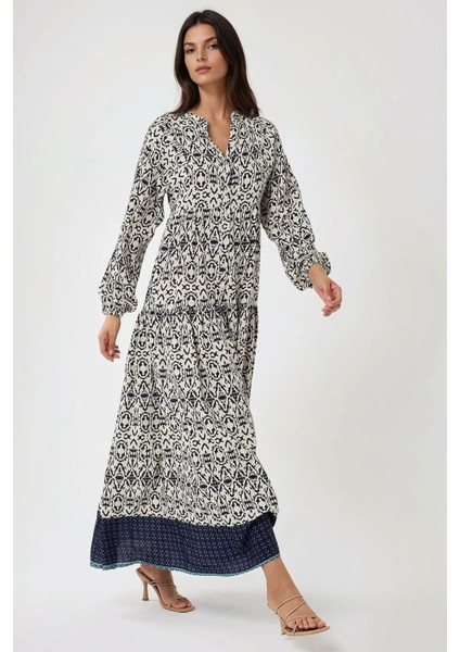 Kadın Gömlek Yaka Desenli Modest Elbise Lacivert