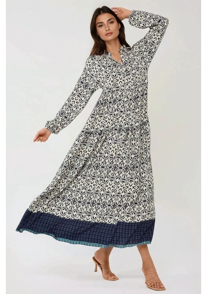 Kadın Gömlek Yaka Desenli Modest Elbise Lacivert