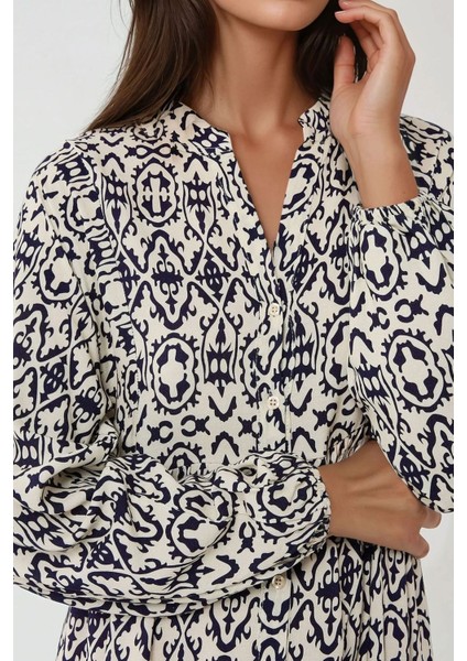 Kadın Gömlek Yaka Desenli Modest Elbise Lacivert