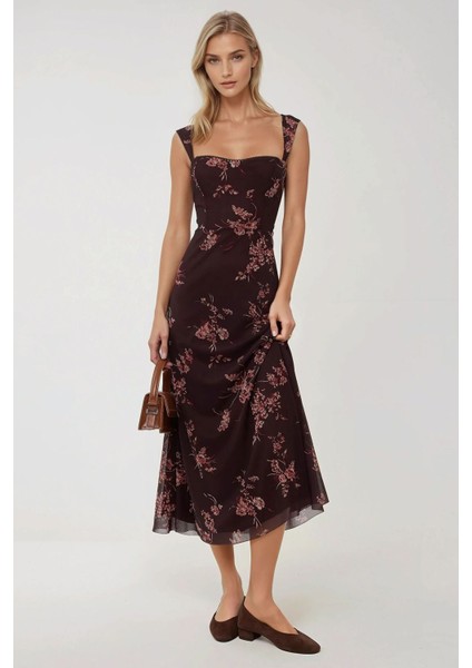 Kadın Kalp Yaka Desenli Maxi Elbise Kestane Kahvesi