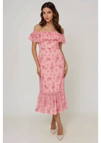 Kadın Omzu Açık Çiçek Desenli Bodycon Midi Elbise Pembe