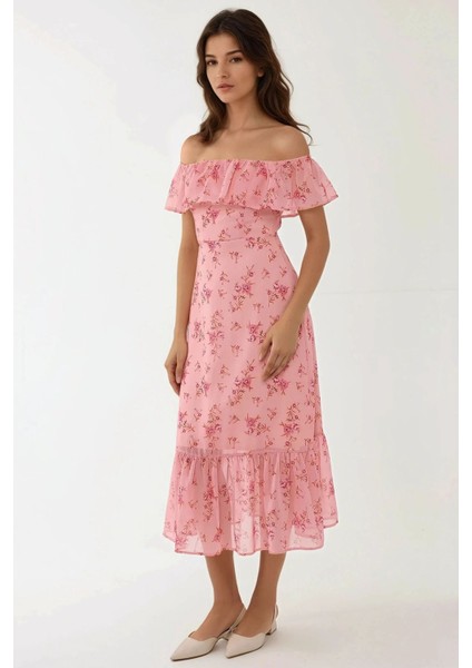Kadın Omzu Açık Çiçek Desenli Bodycon Midi Elbise Pembe