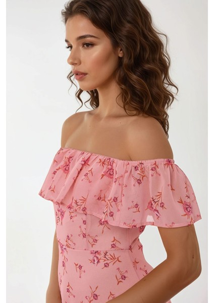 Kadın Omzu Açık Çiçek Desenli Bodycon Midi Elbise Pembe