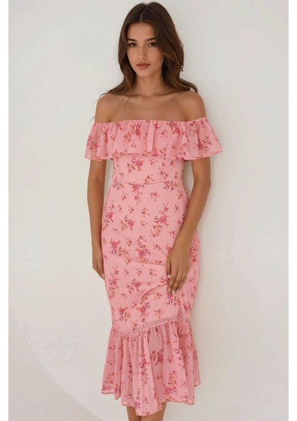 Kadın Omzu Açık Çiçek Desenli Bodycon Midi Elbise Pembe