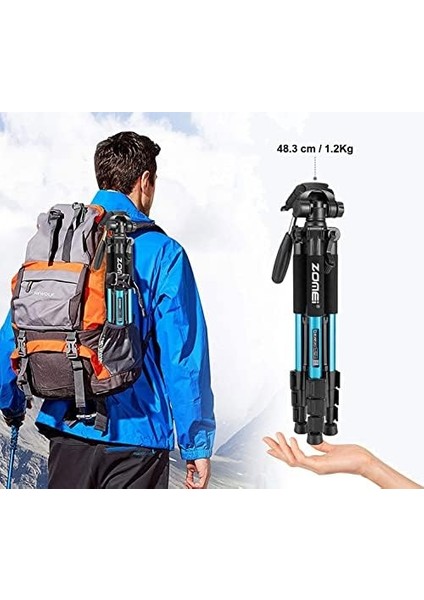 Coverzone Zomei Q111 Kamera Tripodu Cep Telefonu Tutuculu + Uzaktan Kumanda, Alüminyum Alaşım Hafif Kamera Ayaklı 3 Yönlü Döner Başlık Hızlı Değiştirme Plakası ve Çanta 47 - 140 cm Mavi Renk modelleri
