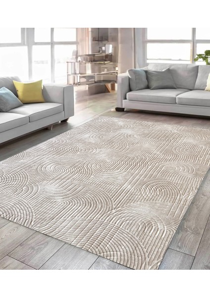 Yıkanabilir Leke Tutmaz Kaymaz Tabanlı Kesme Kabartmalı Salon Koridor Mutfak Halısı Bej