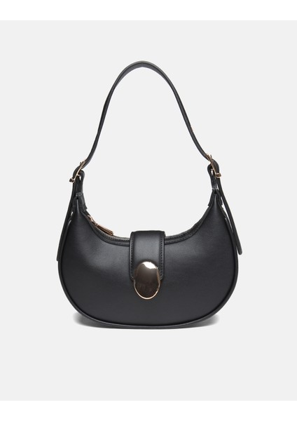 Bag Oval Charm Siyah Suni Deri Fermuarlı Baget Kadın Omuz Çantası Gizli Gözlü Askılı