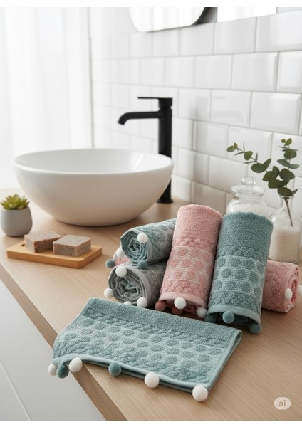 Novalya 6 Adet Analı Kızlı Orkidem El Işi Ponponlu Jakarlı 3 Adet 50 x 90 cm Yüz Havlusu 3 Adet 30X50 Mutfak Havlusu